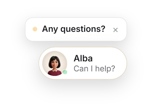 Alba in the corner of a website, with her Any questions? bubble