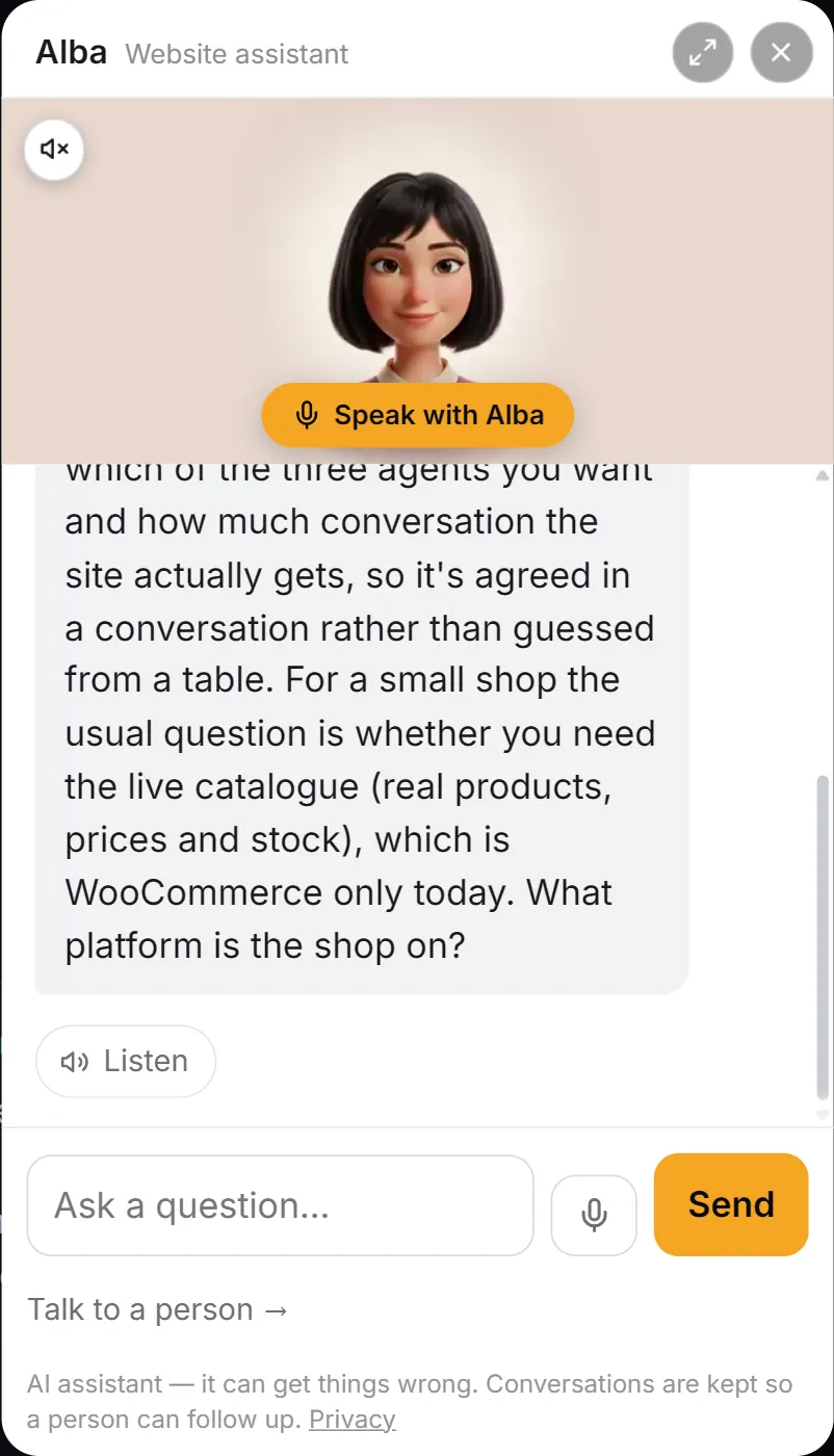 Screenshot of Alba answering a question about price on stirel.com